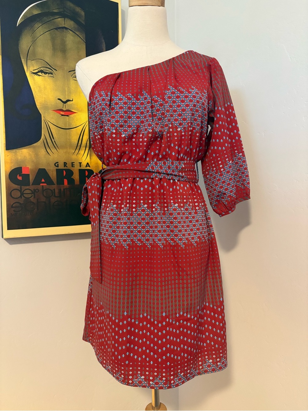 Needle & Thread One-Shoulder Red & Light Blue Printed Belted Dress